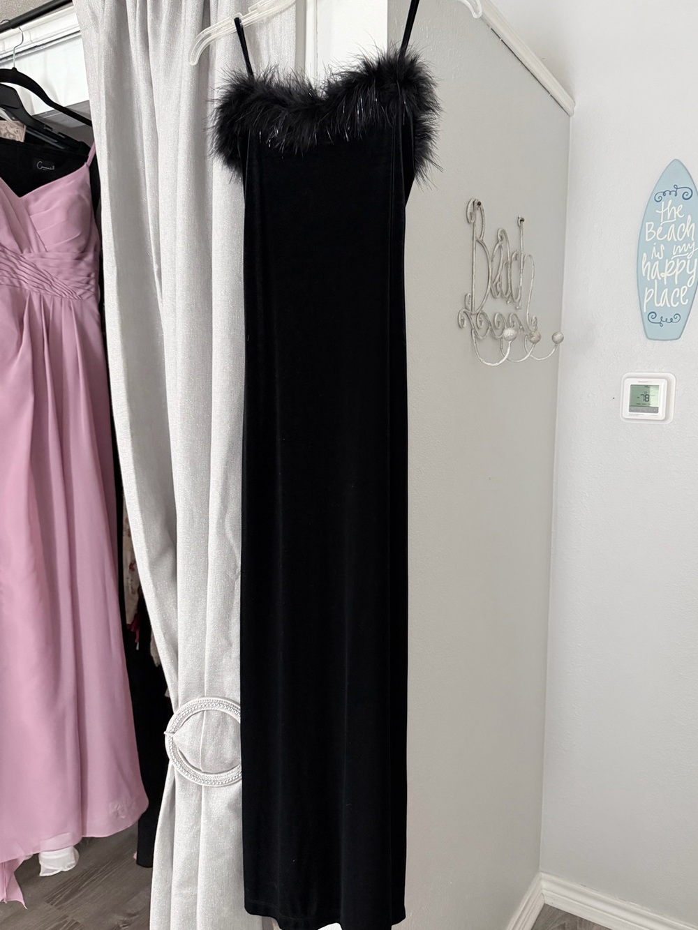 My Michele Black Velvet Maxi Dress with Feather Trim Size Small